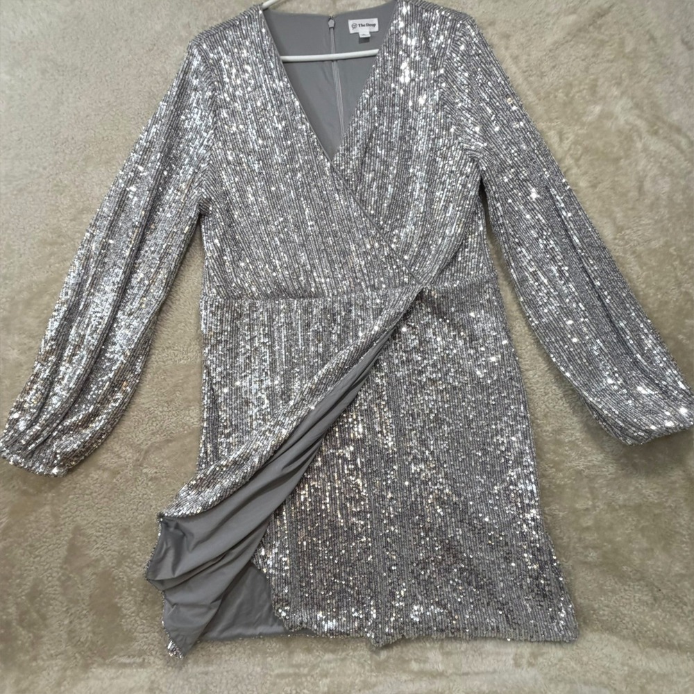 The Drop Women Silver Sequin Wrap V-Neck Mini Dress Long Balloon Sleeve XL